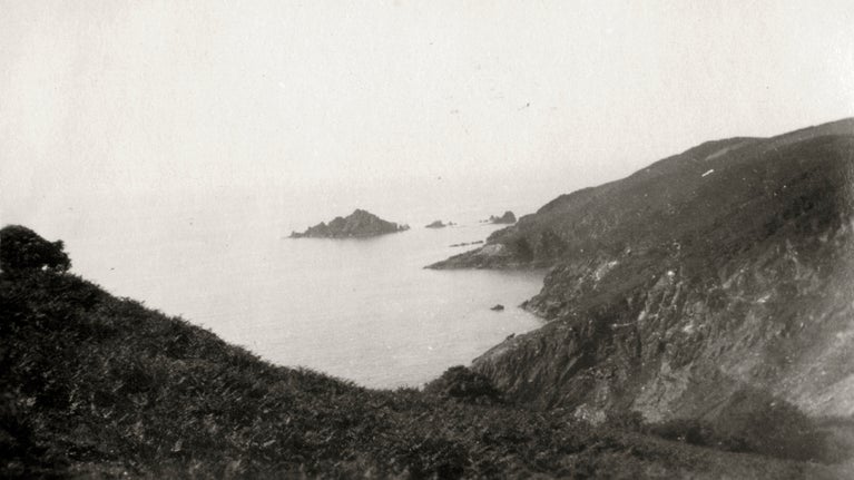 Archive black and white image of the South Devon coastline with shrubs and gorse. In the distance a rocky island out at sea.